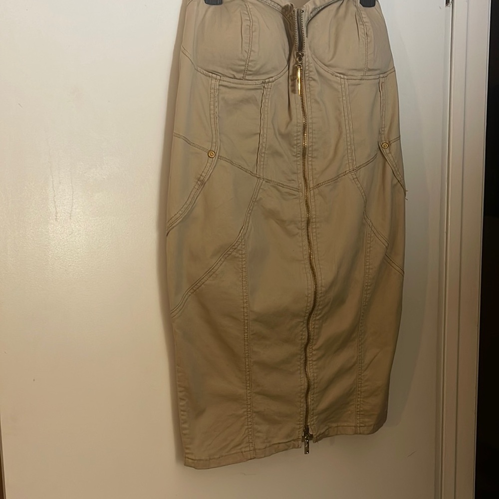 BABY PHAT STRAPLESS ZIPPERED FRONT TAN DRESS WITH A LOT OF DETAIL SIZE 16 NWOT